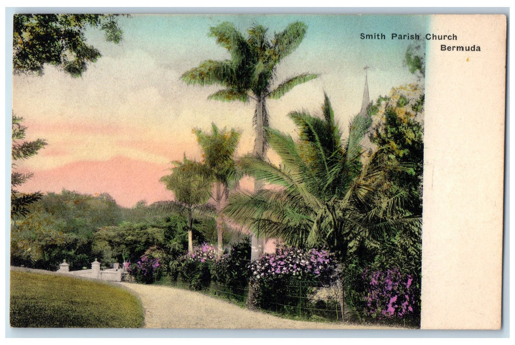 c1950's Smith Parish Church Worship Dirt Road Flowers Trees Bermuda Postcard