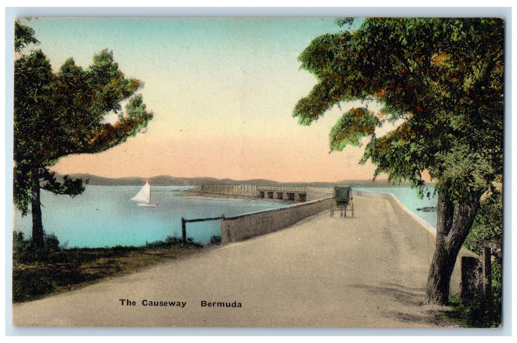 c1950's The Causeway Bridge Dirt Road Horse Carriage Sailboat Bermuda Postcard