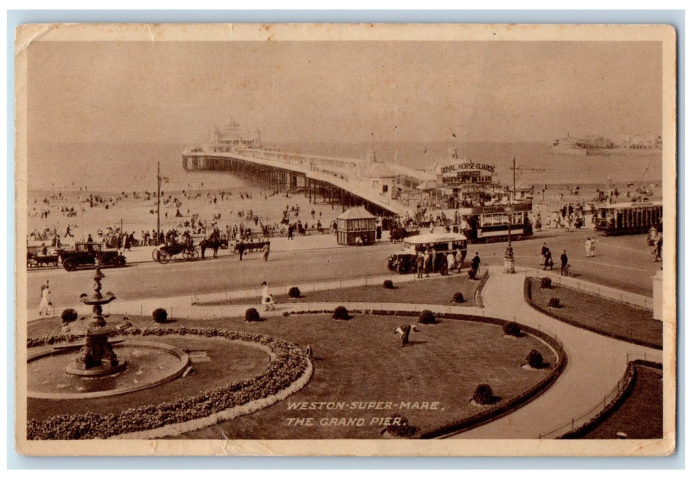 1934 Weston Super Mare The Grand Pier Park Bridge Classic Cars Carriage Postcard