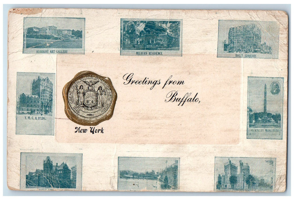 1908 Greetings From Buffalo Composite View Great Seal State New York NY Postcard