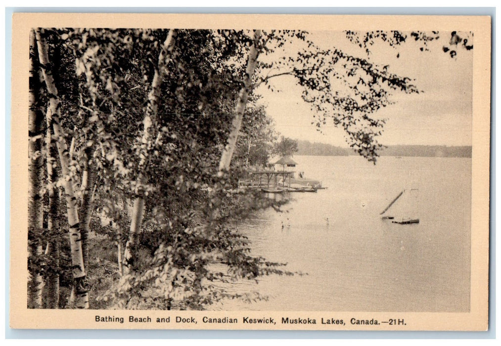 c1920's Bathing Beach Dock Canadian Keswick Muskoka Lake Boat Raft CA Postcard