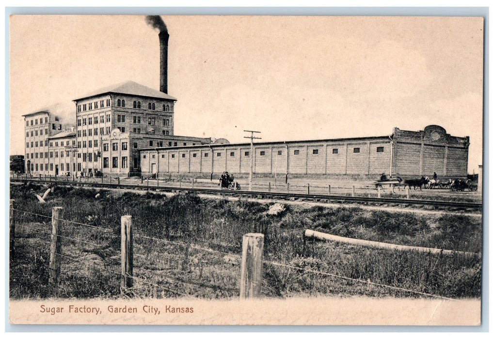 c1920 Sugar Factory Smokestacks Wagon Rail Classic Cars Garden City KS Postcard