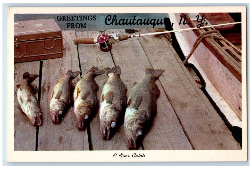 c1950 Greetings From Chautauqua Fish Catch Fishing Rod Tackle Box NY Postcard