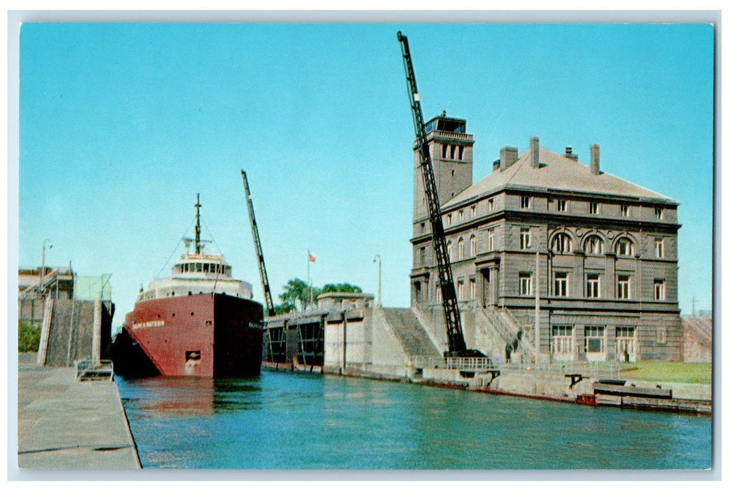 c1950 Freighter Mc Arthur Lock Downbound Cargo Ferry Sault Ste Marie MI Postcard