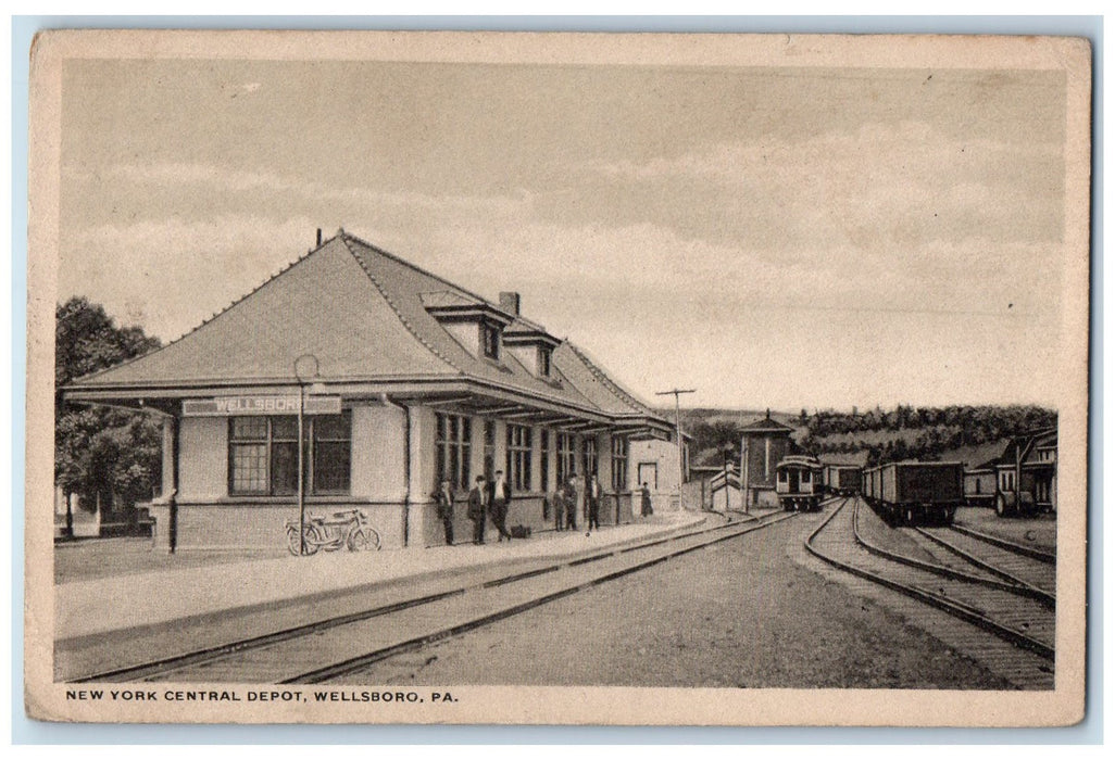 1920 New York Central Depot Train Railroad Passenger Cargo Wellsboro PA Postcard