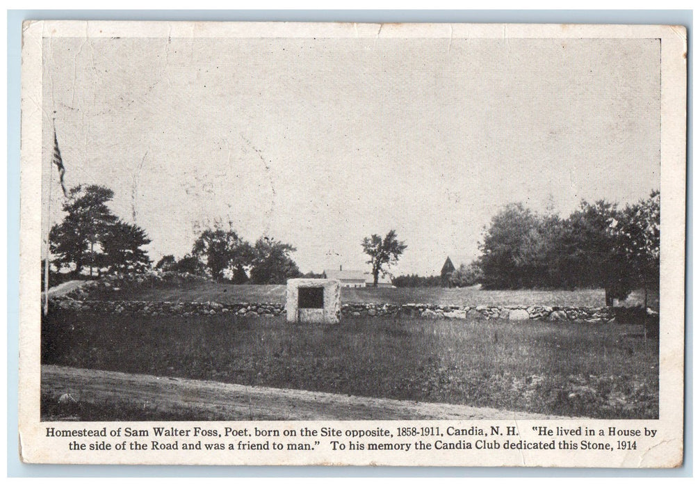 1925 Homestead Of Sam Walter Foss Stone Plaque Dirt Road Side Candia NH Postcard