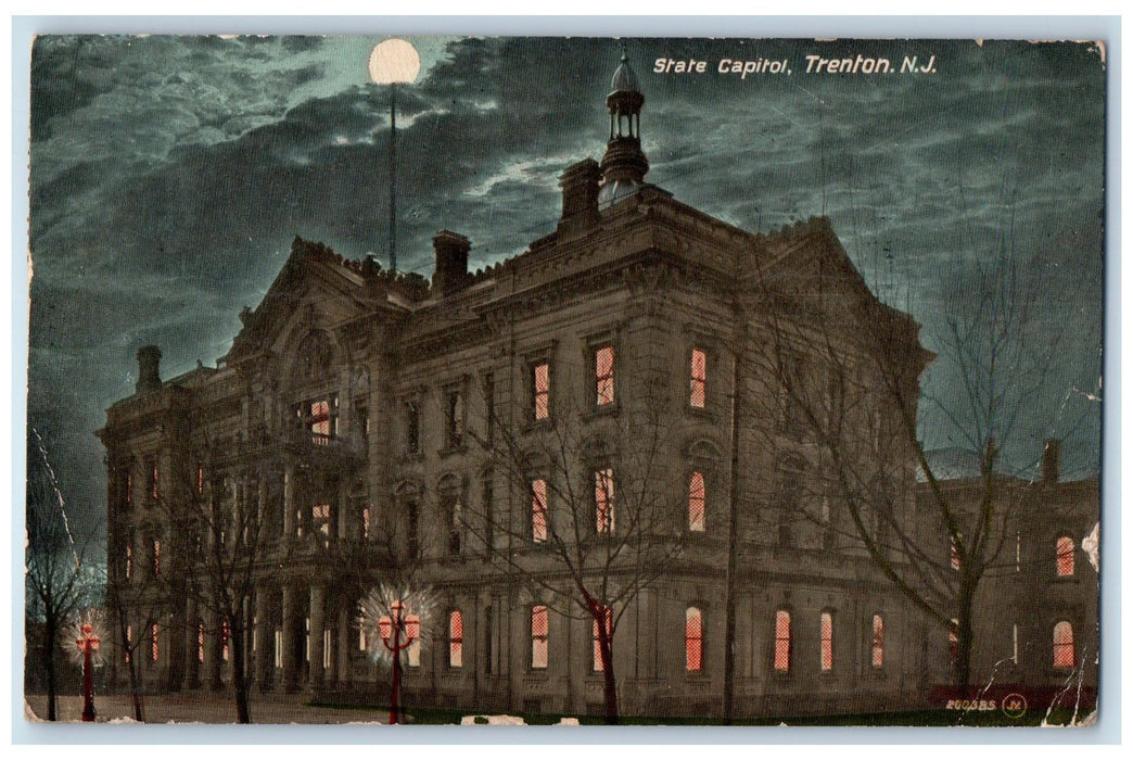 1913 State Capitol Building View Moonlit Street Light Trees Trenton NJ Postcard