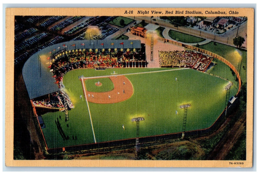 c1950's Night View Red Bird Stadium Aerial View Baseball Columbus OH Postcard