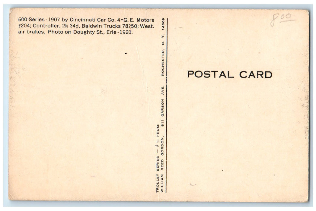 1907 600 Series Cincinnati Car Co Buffalo Lake Erie Traction Co 1920 Postcard