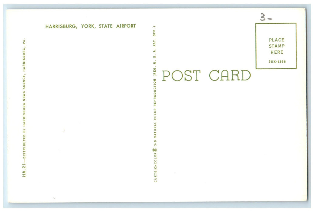 c1950's Harrisburg York State Airport Plane Tower Pennsylvania PA Postcard