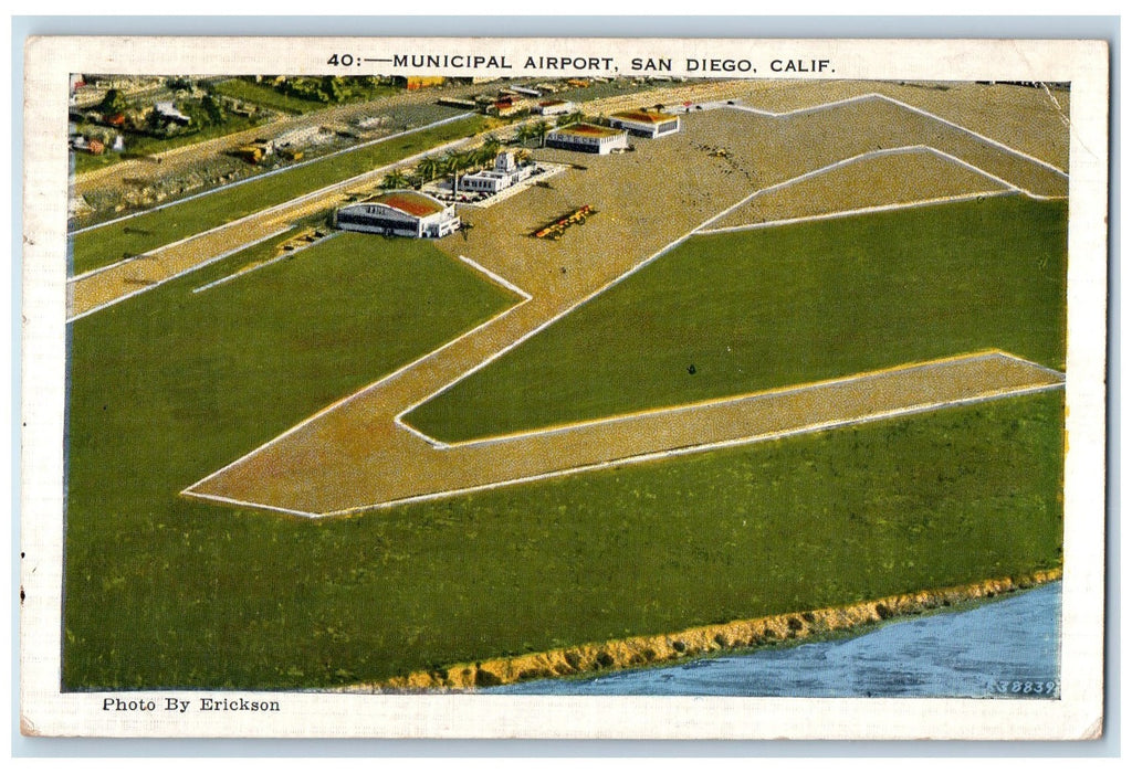 1940 Municipal Airport Aerial View Runway Building Road San Diego CA Postcard
