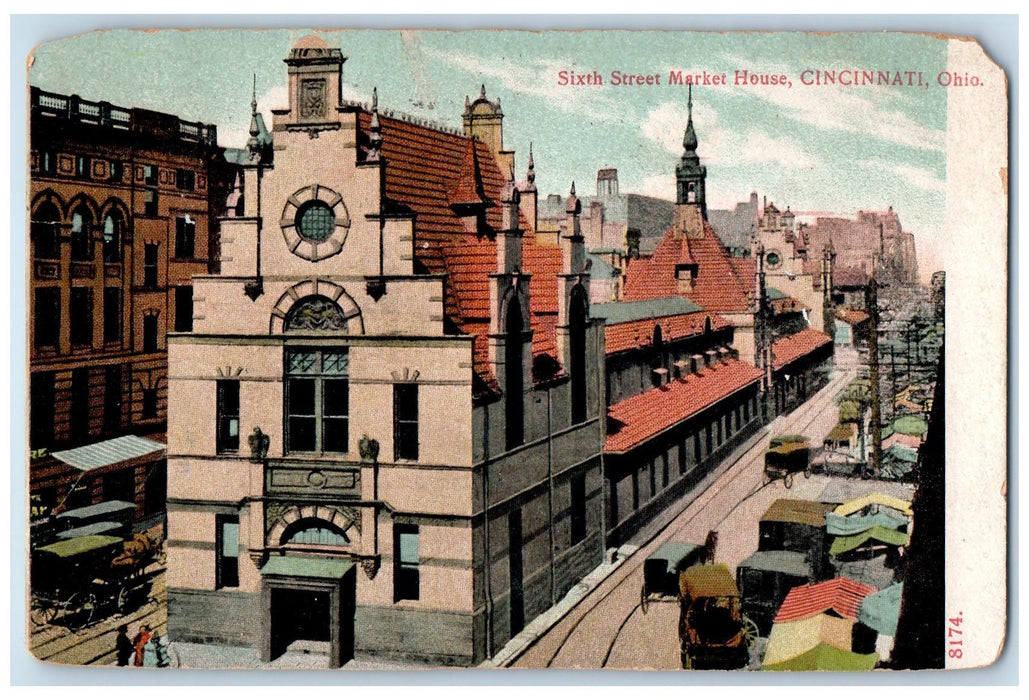 1908 Sixth Street Market House Scene Cincinnati Ohio OH Posted Vintage Postcard