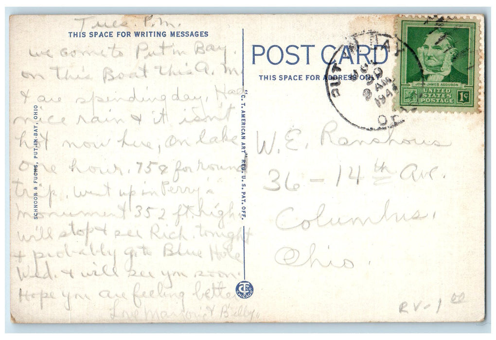 1941 Ferry Erie Isle Between Put-In-Bay And Catawba Ohio OH Posted Boat Postcard