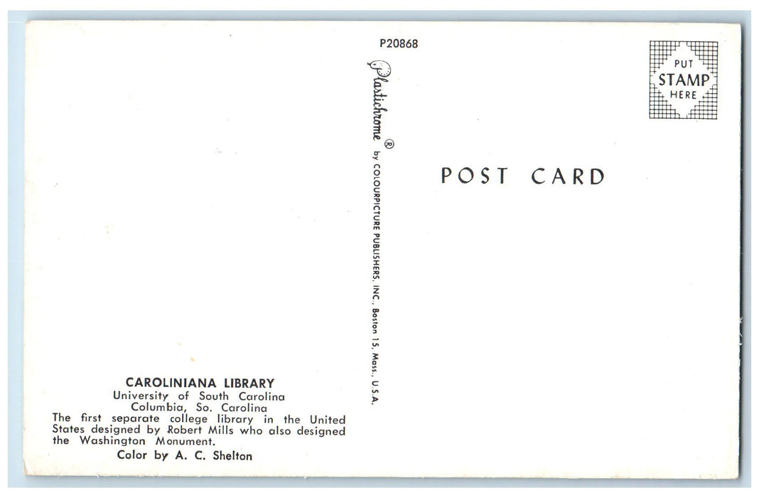 c1950 Caroliniana Library University View Classic Car Columbia SC Postcard