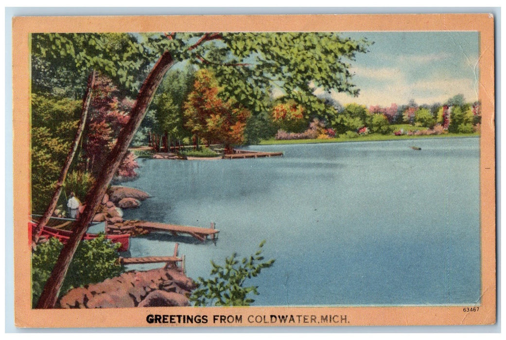 1951 Greetings From Coldwater Lake Boats Dock Forest Trees Michigan MI Postcard
