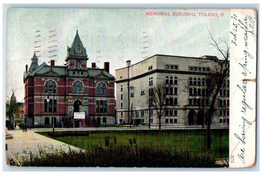 1911 Memorial Building Exterior Scene Toledo Ohio OH Posted Antique Postcard