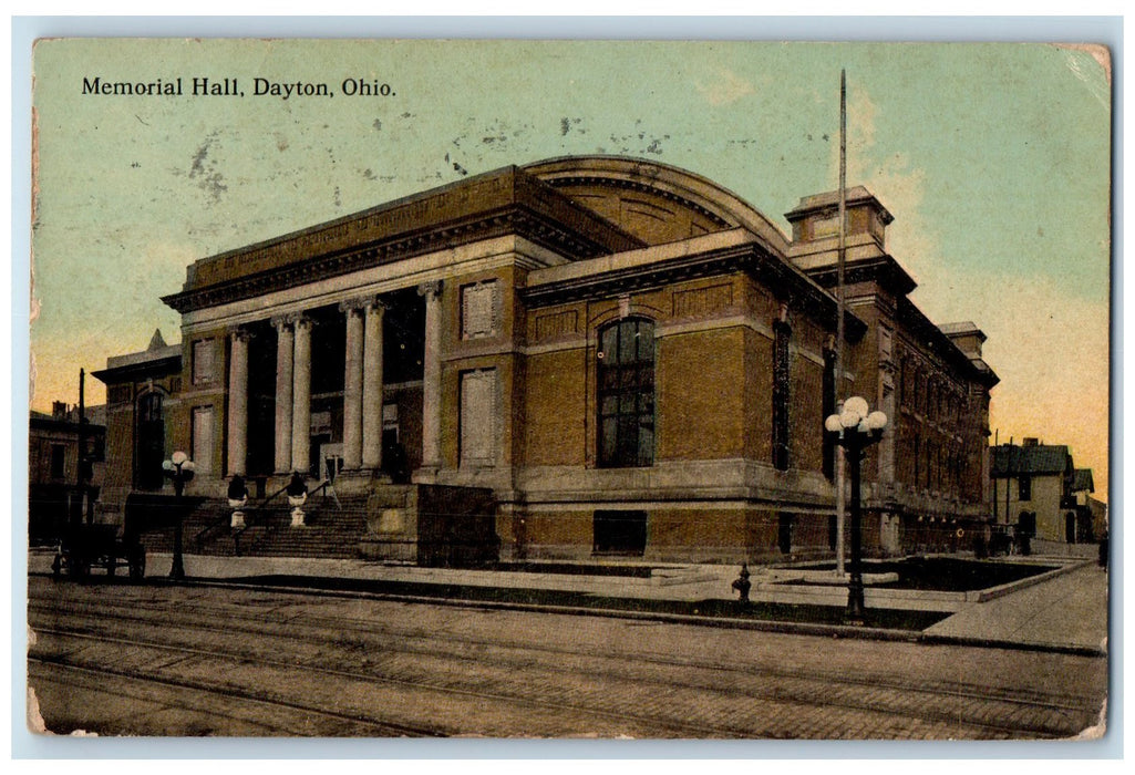 1912 Memorial Hall Exterior Roadside Dayton Ohio OH Posted Antique Postcard