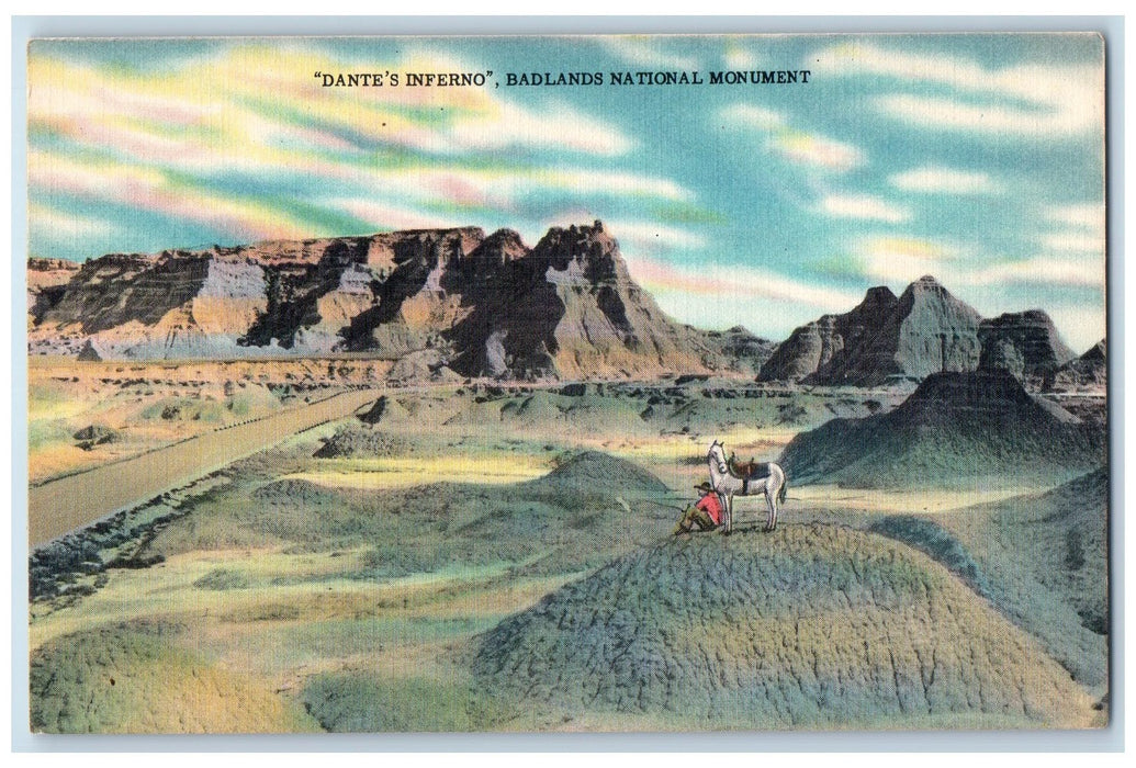 c1950 Dante's Inferno View Bad Lands Monument Horse Man South Dakota SD Postcard