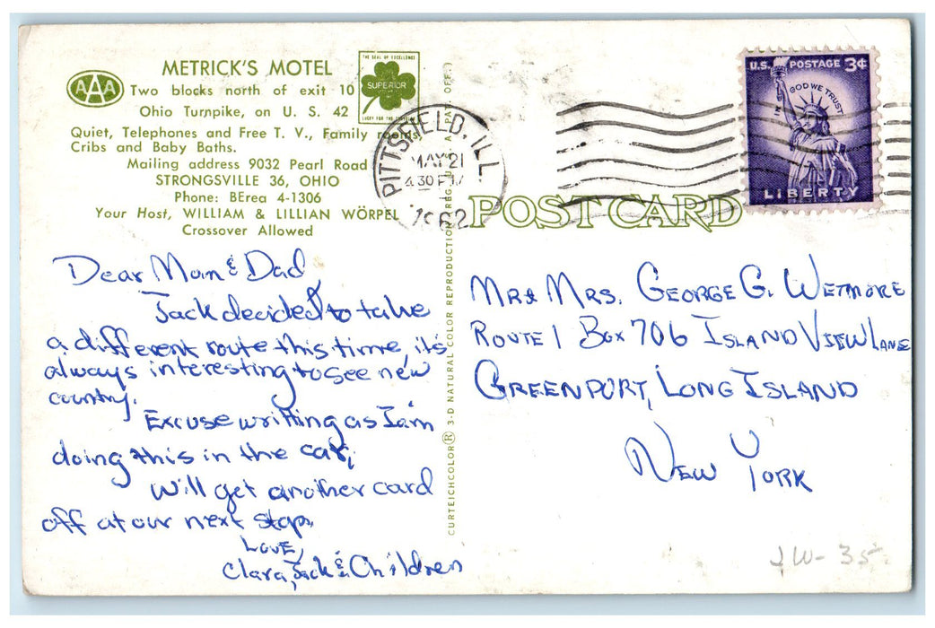 1962 Metrick's Motel Roadside Scene Strongsville Ohio OH Posted Signage Postcard