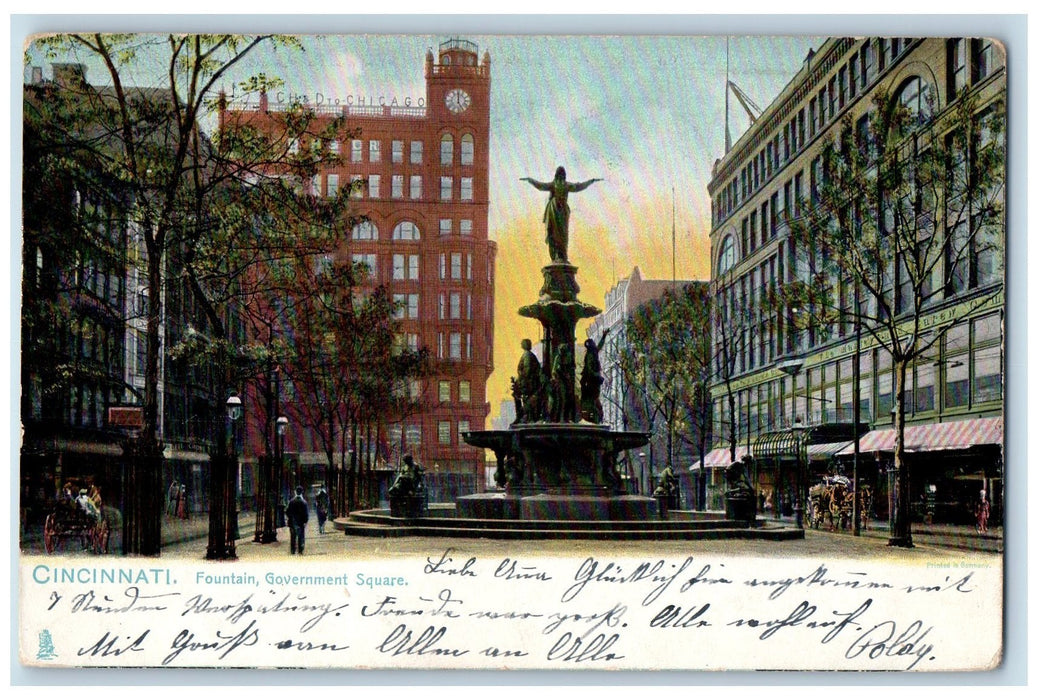 1907 Fountain Government Square Scene Cincinnati Ohio OH Posted Vintage Postcard