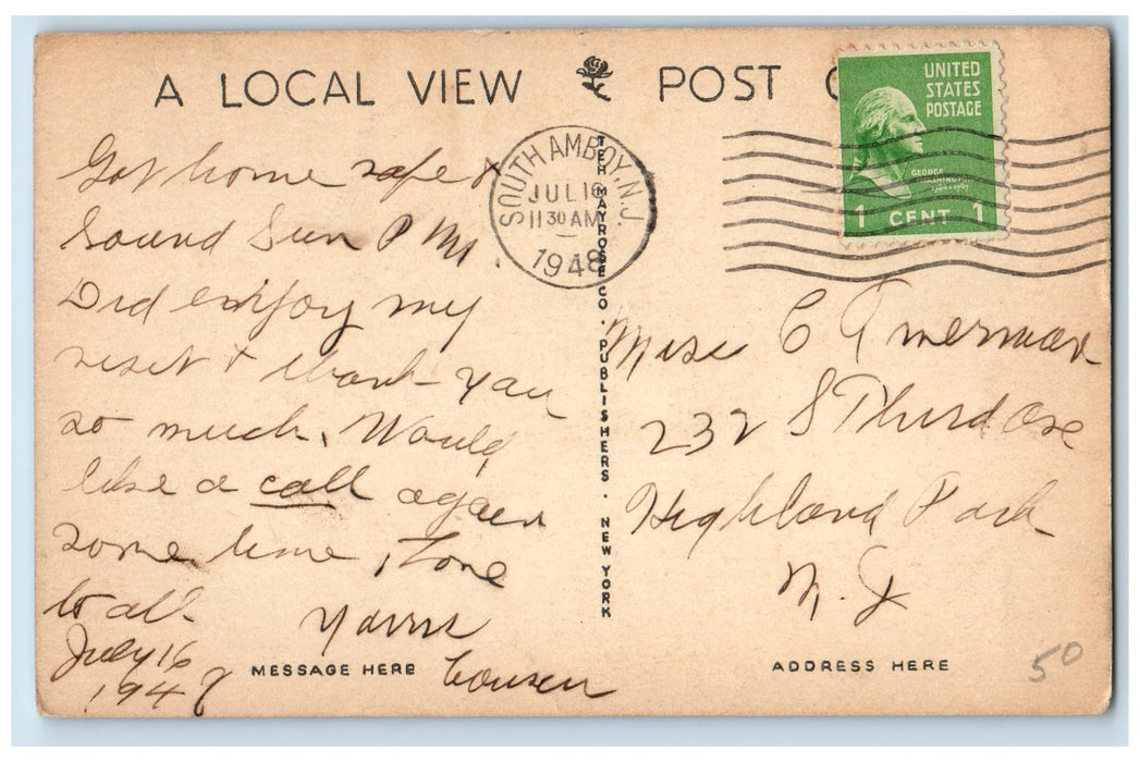 1948 First Baptist Church View South Amboy New Jersey NJ Posted Vintage Postcard