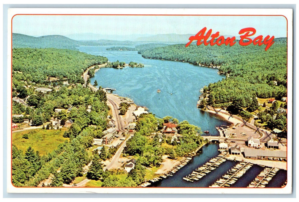 c1950's Alton Bay Aerial View Forest Roads Boats Lake Winnipesauke NH Postcard