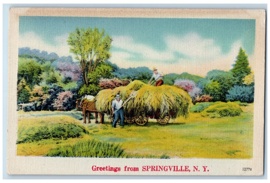 c1950's Greetings From Springville Farming Horse Wagon Haying Forest NY Postcard