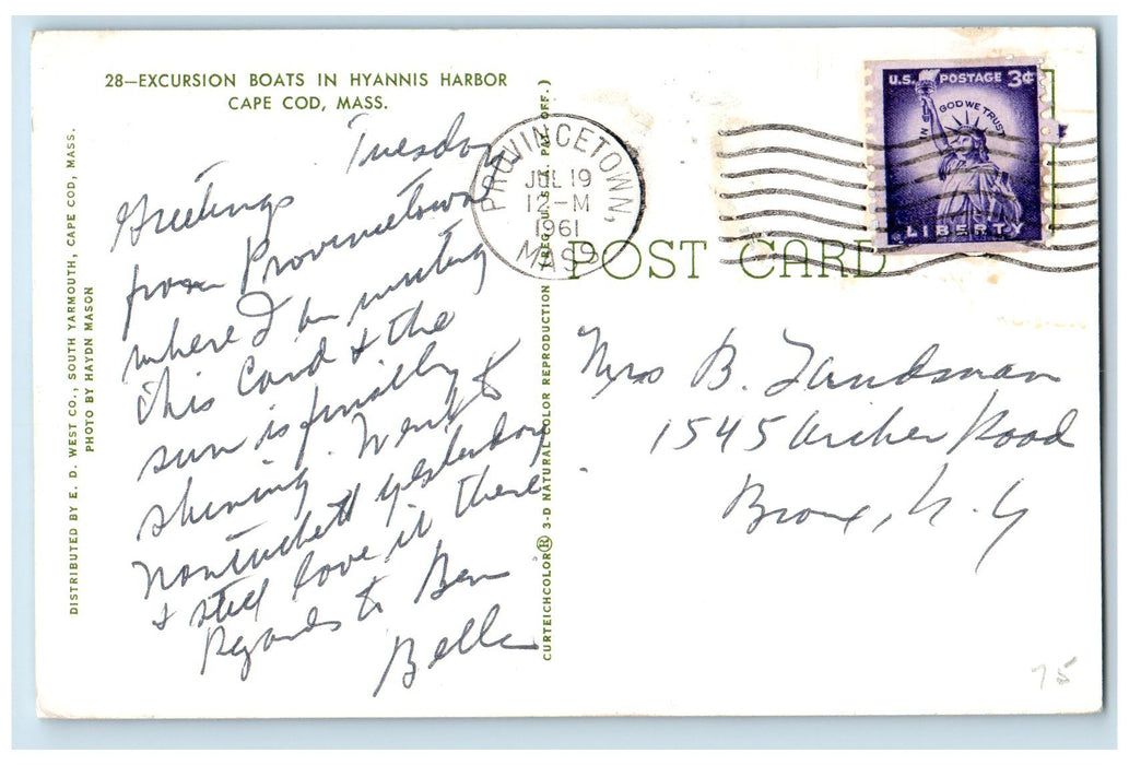 1961 Excursion Boats In Hyannis Harbor Cape Cod Massachusetts Posted Postcard