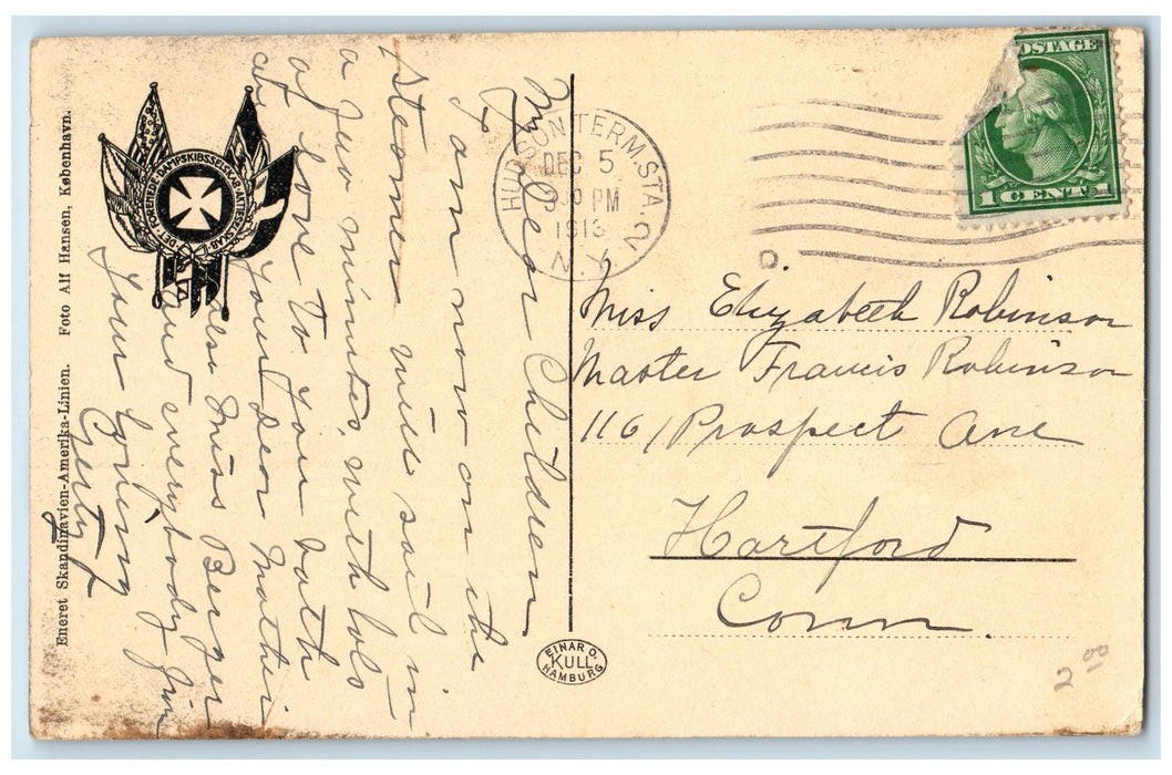 1913 Skandinavien Amerika Linien Steamship Hudson New York NY Posted Postcard