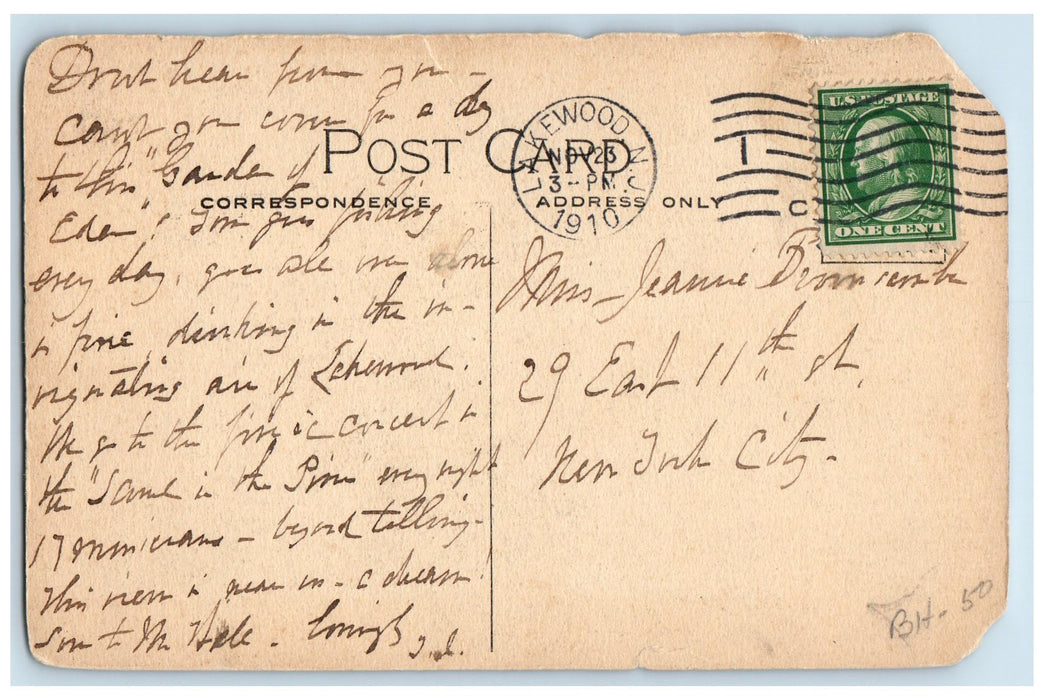 1910 Fern Walk Upper Lake Scene Lakewood New Jersey NJ Posted Vintage Postcard