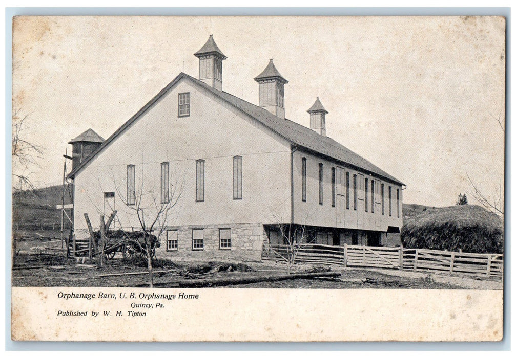 c1920 Orphanage Barn UB Orphanage Home Wagon Wood Fence Tank Quincy PA Postcard