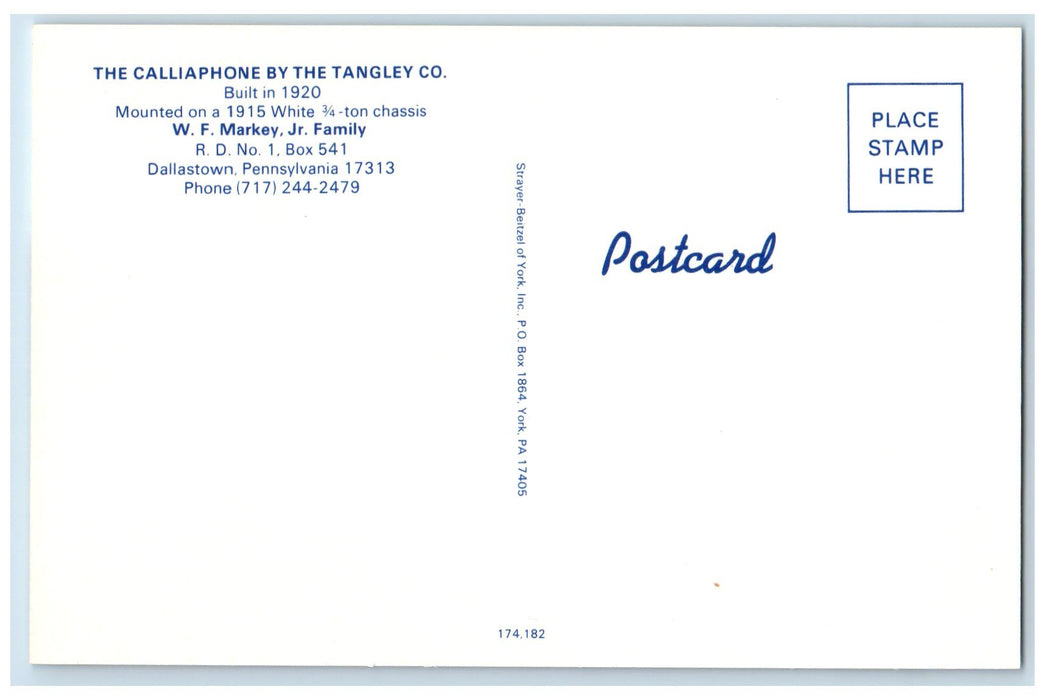 c1950's The Calliaphone Tangley Co. White Markey Family Dallastown PA Postcard