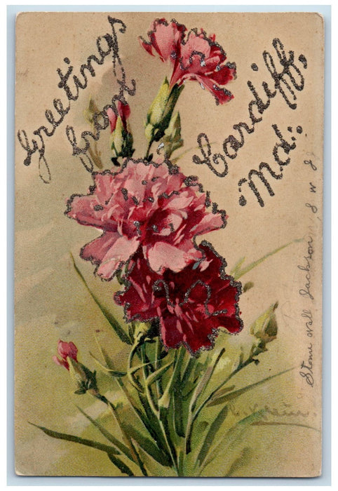 1906 Greetings From Cardiff Blooming Flowers Leaves Steam Maryland MD Postcard