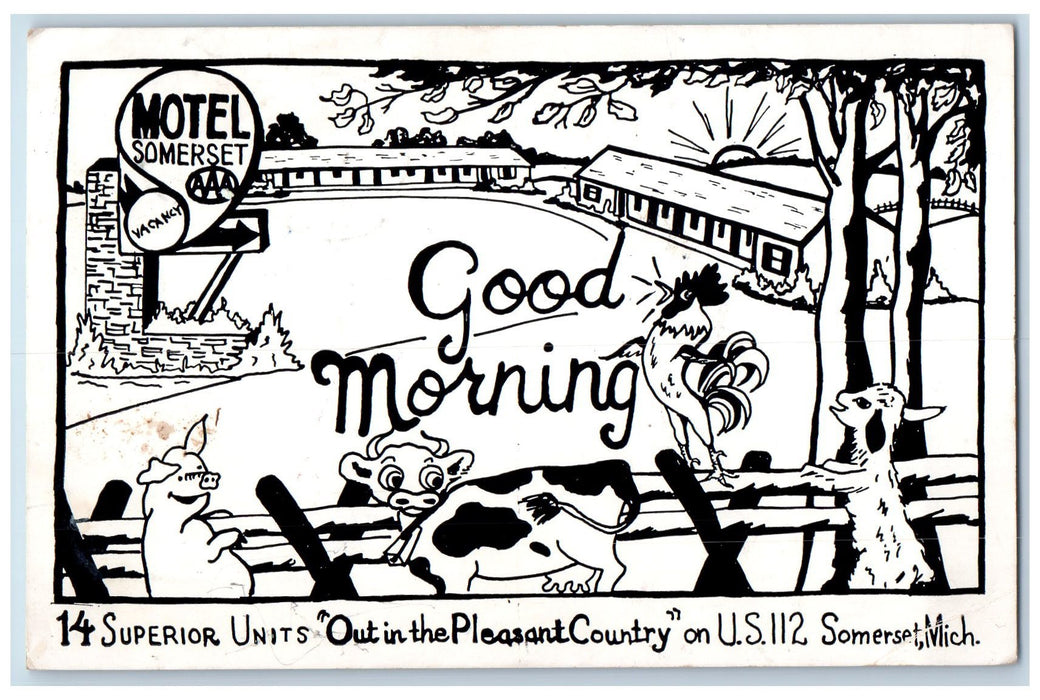 1956 Motel Somerset Restaurant Lodge Illustration Draw MI Advertising Postcard