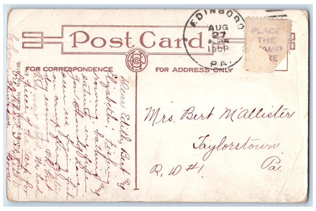 c1920 Edinboro Lake There's Some Fishing Around Here Comic Edinboro PA Postcard
