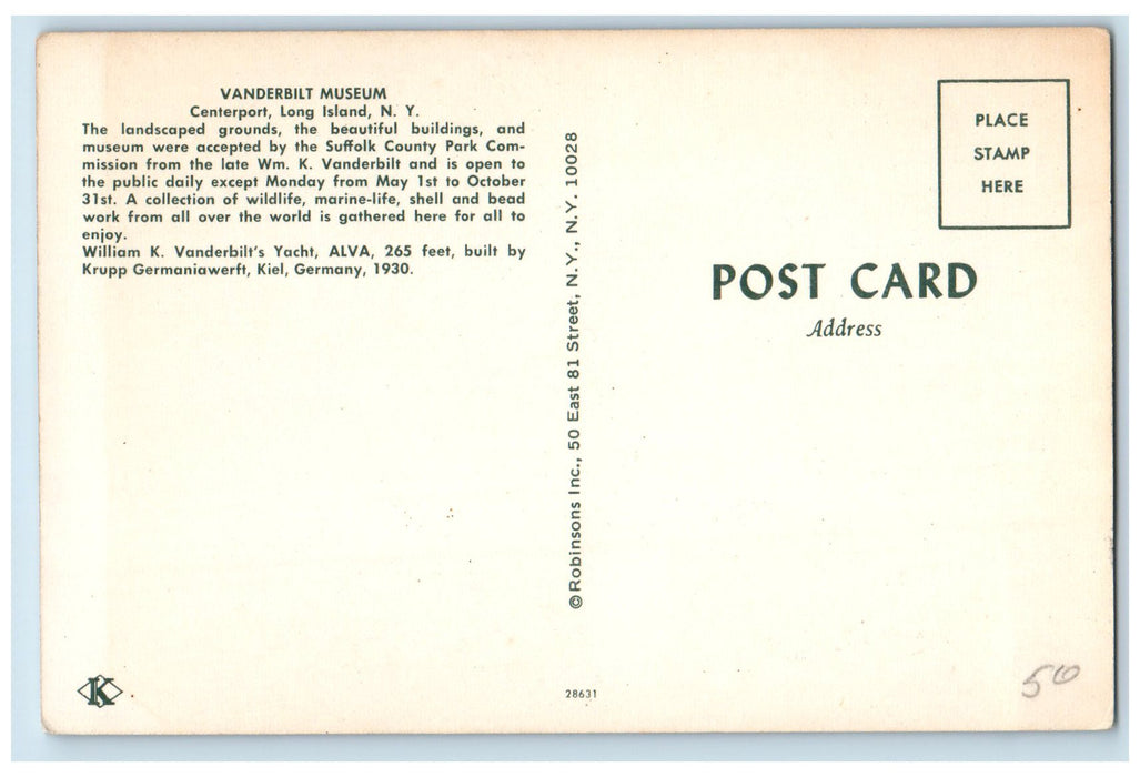 c1960's Vanderbilt Museum Centerport Long Island New York NY Unposted Postcard