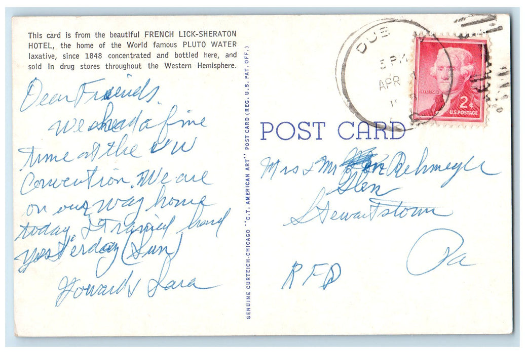 c1950 French Lick Sheraton Hotel When Nature Wont Pluto Water Advertise Postcard