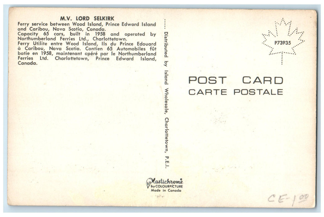 c1960's MV Lord Selkirk Ferry Service Prince Edward Island Canada CA Postcard