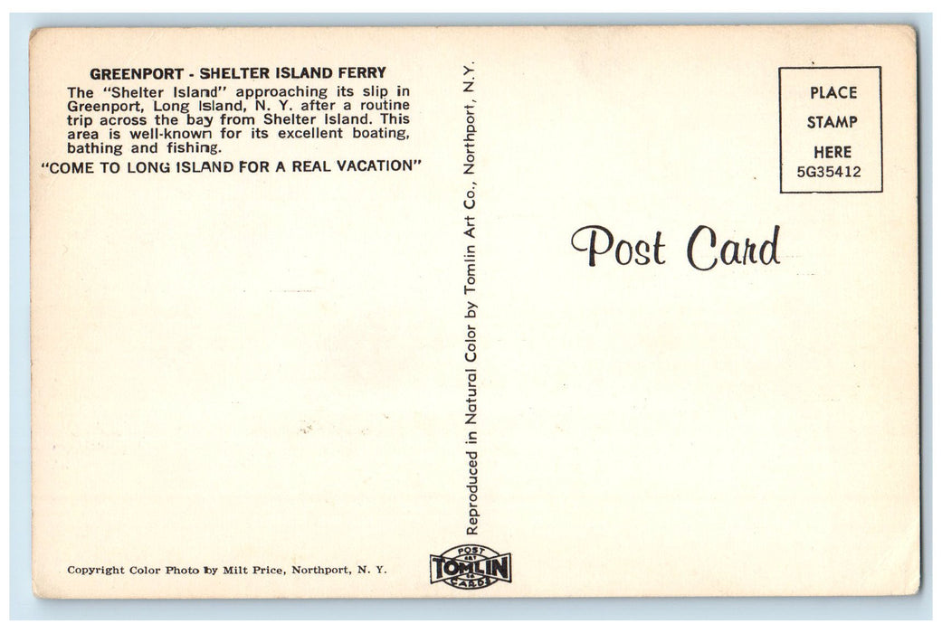 c1960's Greenport Shelter Island Ferry Long Island New York NY Unposted Postcard