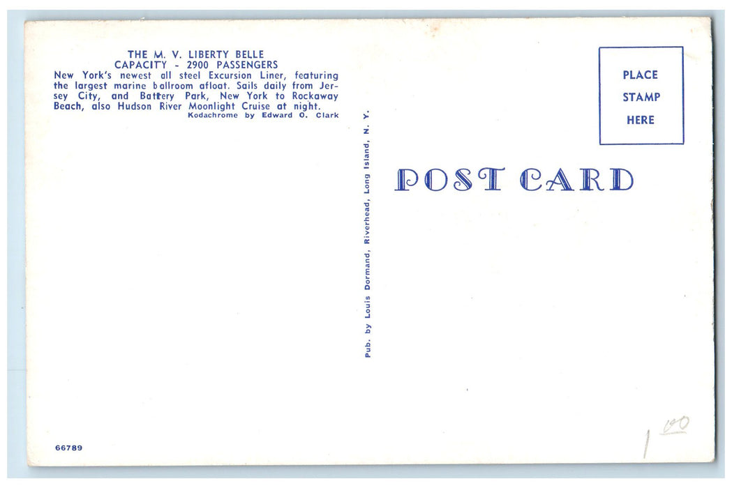 c1960's Wilson Line MV Liberty Belle Excursion Liner New York Unposted Postcard
