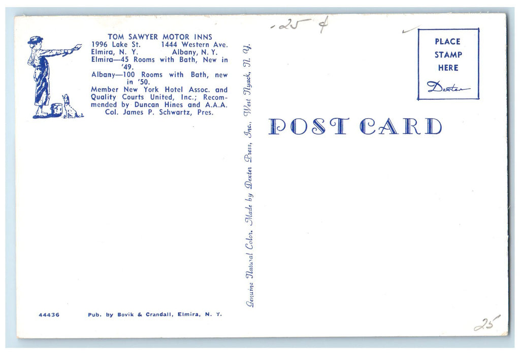 c1950 Tom Sawyer Motor Inns Restaurant Classic Cars Elmira New York NY Postcard