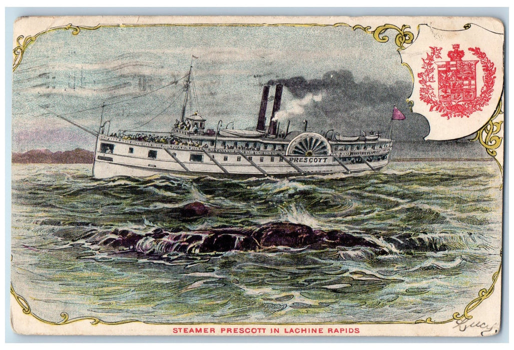 1906 Steamer Prescott In Lachine Rapids Quebec Canada CA Posted Waves Postcard