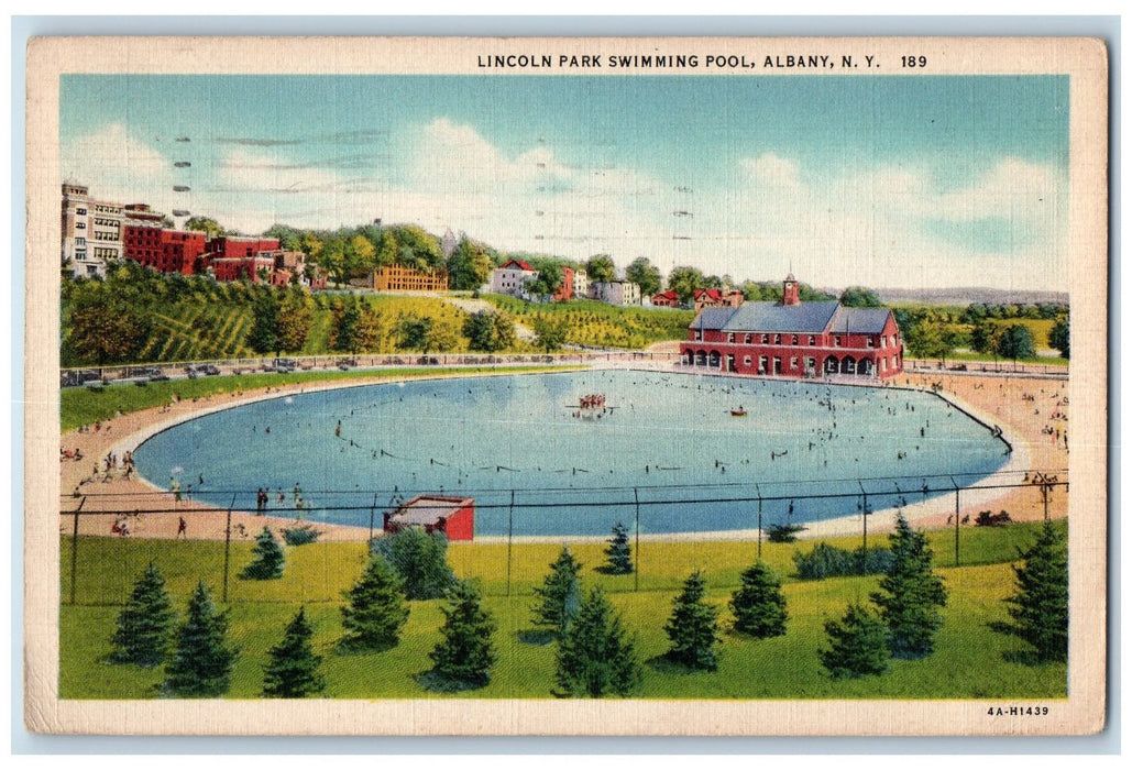 1937 Lincoln Park Swimming Pool Over View Wire Fence Albany New York NY Postcard