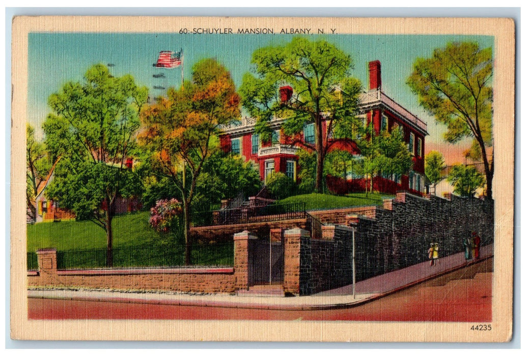 1940 Schuyler Mansion Entrance View Gated American Flag Albany NY Postcard