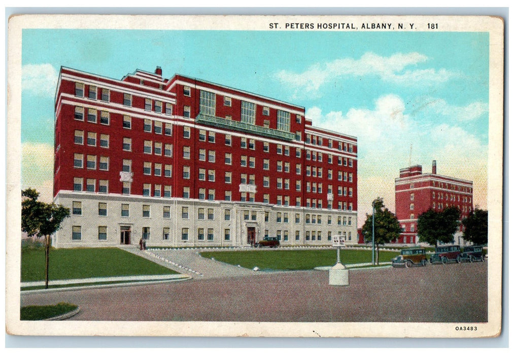 1940 St. Peter Hospital Building View Classic Cars Albany New York NY Postcard