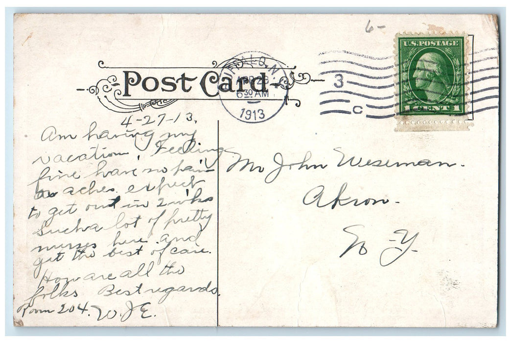 1913 Green German Deaconess Hospital Scene Buffalo New York NY Posted Postcard