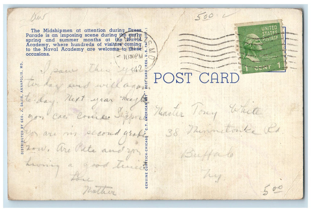 1942 Dress Parade US Naval Academy Military Training Annapolis MD Postcard