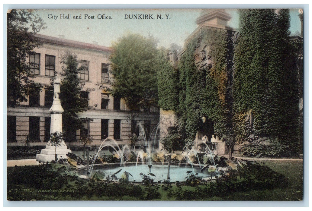 c1950's City Hall Post Office Fountain Statue Building View Dunkirk NY Postcard