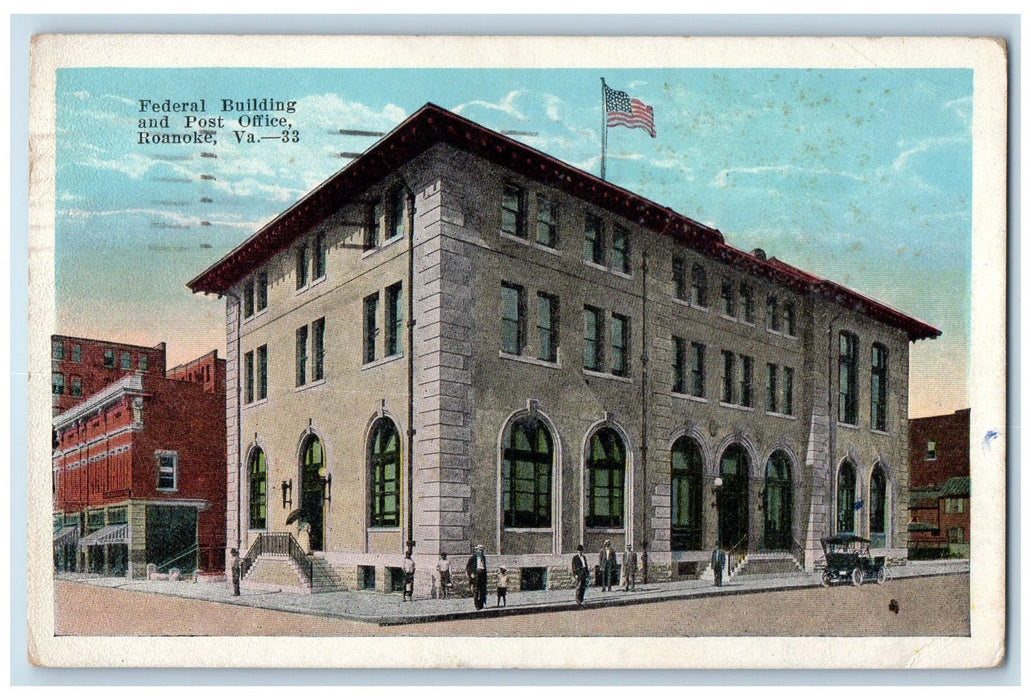 1926 Federal Building Post Office Flag Classic Car People Roanoke VA  Postcard