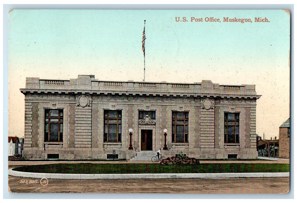 c1950 US Post Office Rotunda Lamp Landscape Bicycle Flag Muskegon MI Postcard